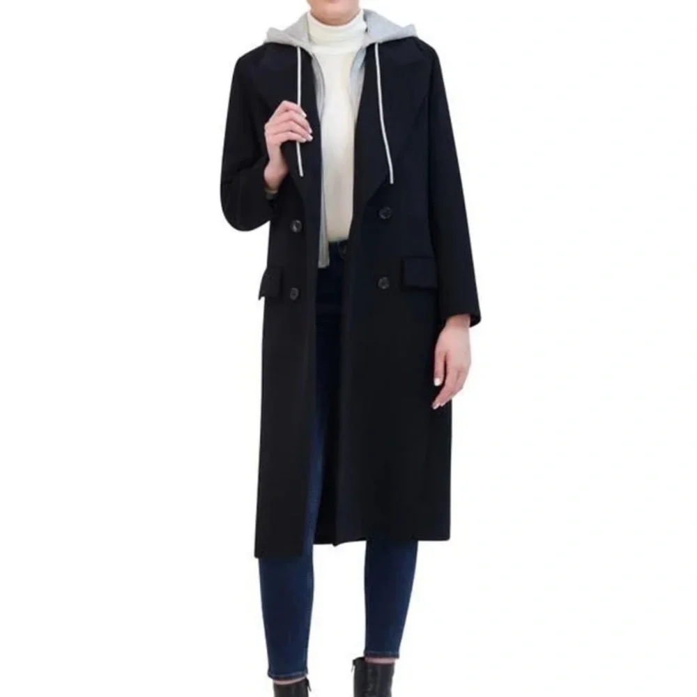 Rebecca Minkoff Double Breasted Longline Coat with Jersey Hooded Bib size S